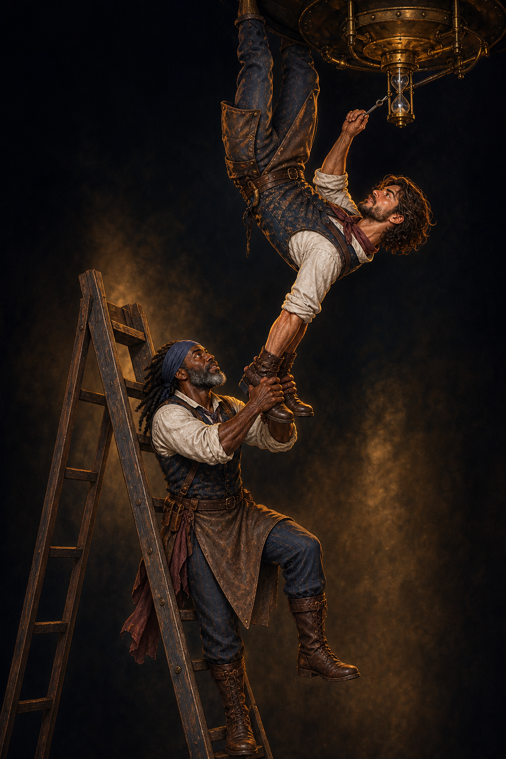One worker steadies a ladder and holds the ankles of an upside-down worker repairing an hourglass