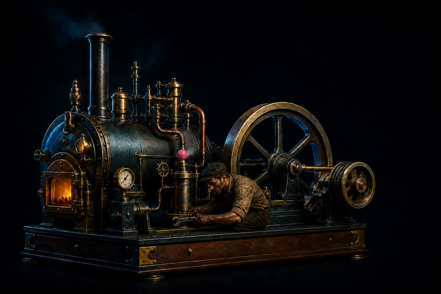 Antique steam engine with a brass flywheel and pulley
